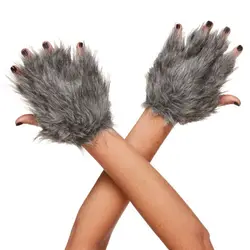 Fluffy Gray Werewolf Claw Gloves for Adults - Halloween Carnival Party Accessories (1 Pair)