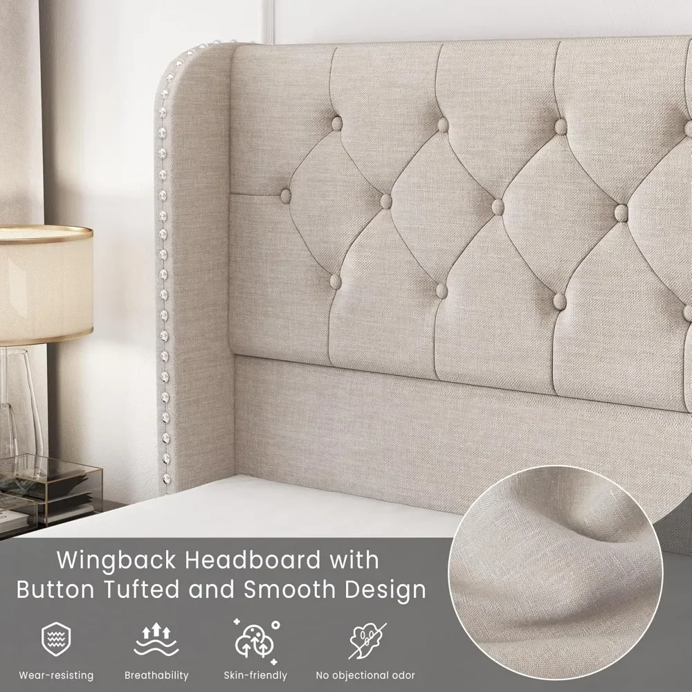 Bed Frame with 4 Storage Drawers and Tufted Headboard Linen Upholstered Frame Wingback Beds with Wooden Support, Easy Assembly 4