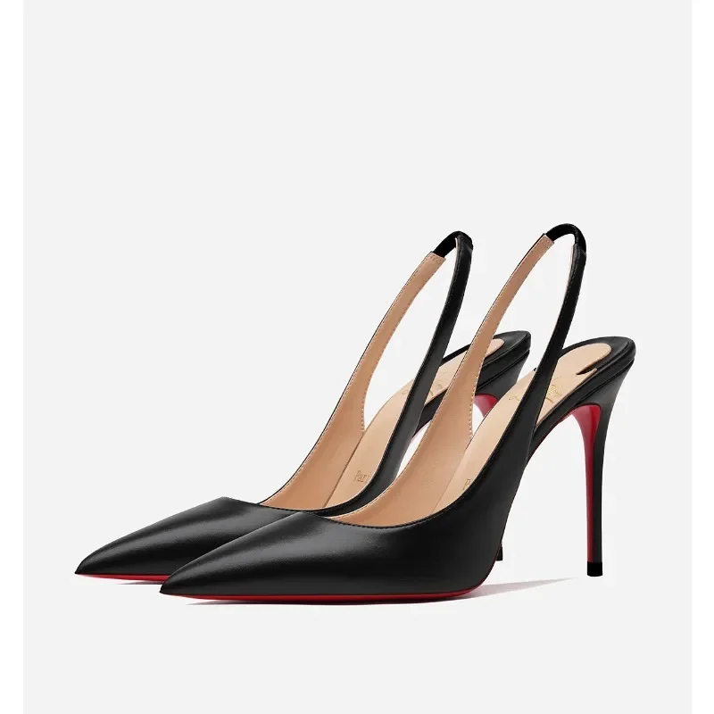 New pointed red sole leather black sexy single shoe versatile thin heel back hollow toe high heels professional women's shoes 4
