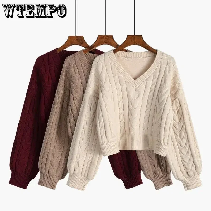 

V-neck Twist Sweater Women's Short Casual Jumper Autumn and Winter Warm Pullover OuterWear Loose Sweaters Korean Lazy Style Top