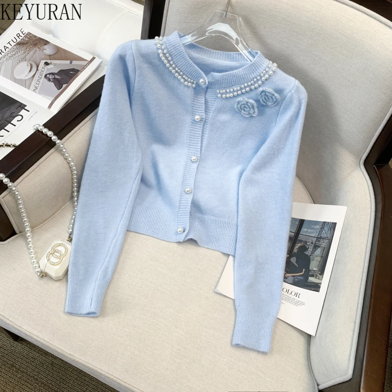 여성용 귀여운 진주 입체 꽃 스웨터, 크롭 카디건, 빈티지 O-넥 긴팔, 핑크 및 화이트 니트 카디건 상의