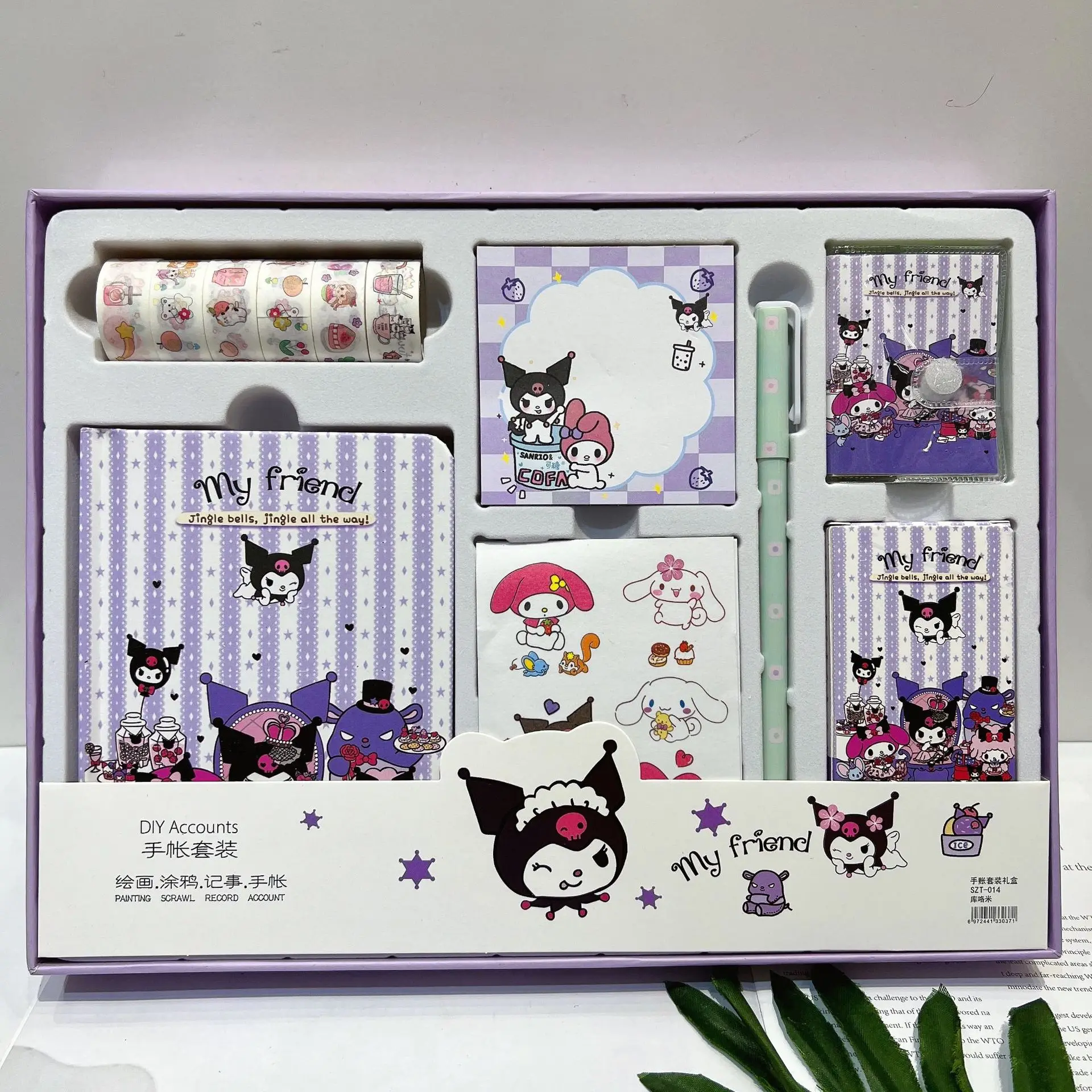 

Sanrio Kuromi Melody Cinnamoroll Cartoon Handbook Set Combo Cute Girl Tape Stickers Notepad Pen School Student Gift Prize