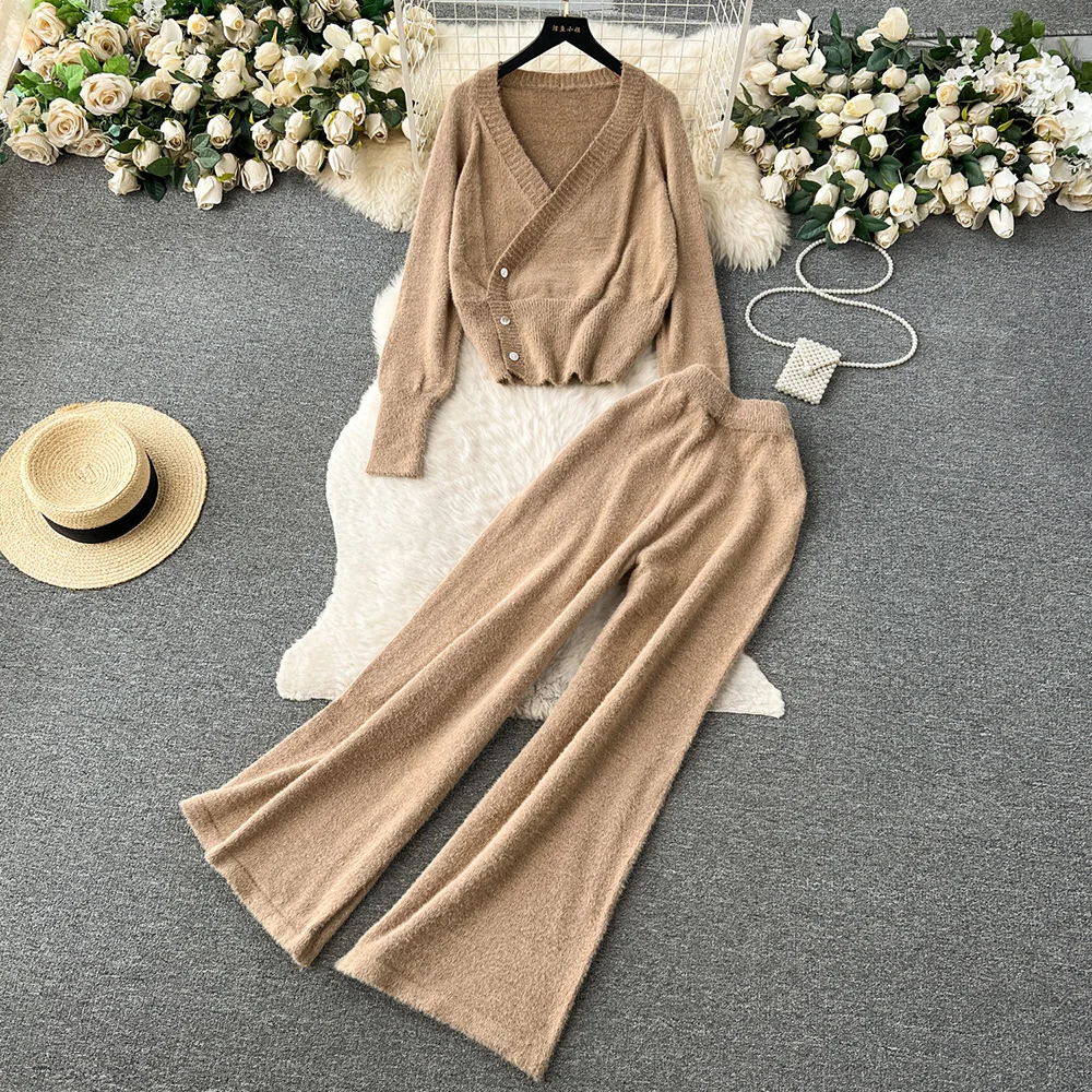 

Croysier Matching Sets V Neck Wrap Cardigan Sweater And Elastic High Waist Trousers Two Piece Set Women Casual Knit Pant Sets
