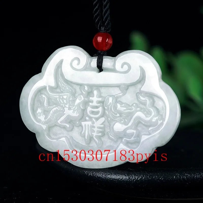 

Carved Dragon Phoenix Natural Burmese Emerald Pendant Jade Necklace Fashion Jewelry Safety Lock Charm Amulet Gifts for Women Men