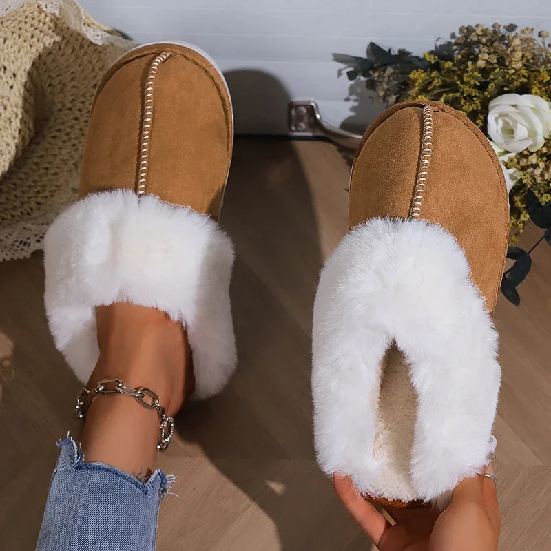 2024 Winter Warm Flat Fur Slippers Women Faux Suede Fluffy Furry Home Slides Woman Comfort Non Slip Indoor Floor Cotton Shoes - Image 3