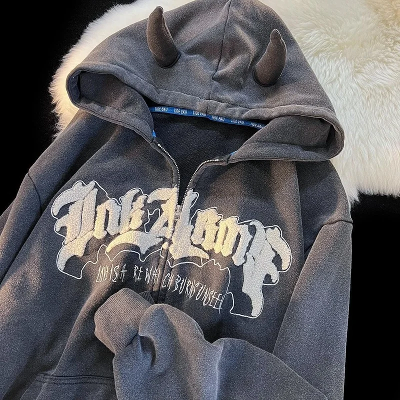 Angel Ears Hoodie Women Letter Embroidery Zipper Hooded Sweatshirt Harajuku Gothic Oversized Jacket Coats Y2k Streetwear - Image 2