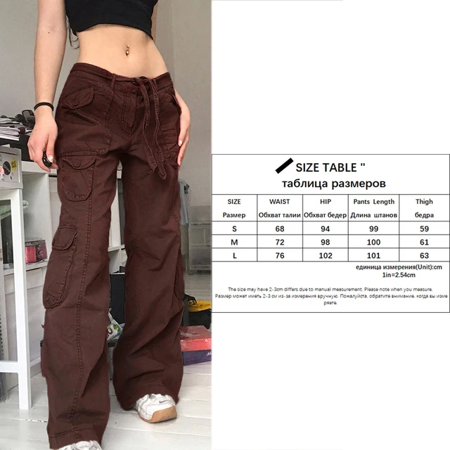 Casual Baggy Jeans Women Loose Low Waist Retro Overalls Hip Hop Streetwear Straight Denim Pants Wide Leg Y2K Cargo Pants 0020002-Brown