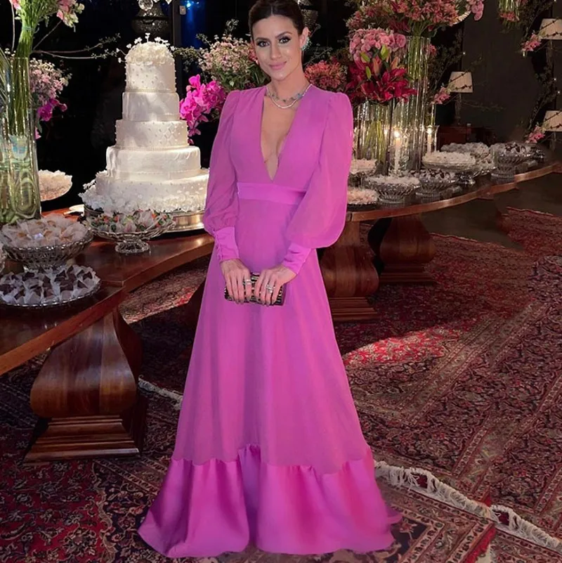 

Простое вечернее платье-трапеция цвета фуксии, шифоновое официальное платье с длинным рукавом и V-образным вырезом, одежда знаменитости для выпускного вечера, наряд, вечернее платье