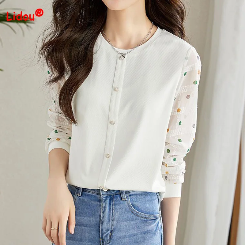 Office Lady Round Neck Wave Point Printing Single Breasted Blouse Autumn Fashion Patchwork Long Sleeve Cloud White Chic Shirt