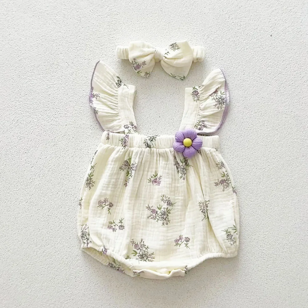 Summer Baby Girls Linen Bodysuit Floral Print One Piece