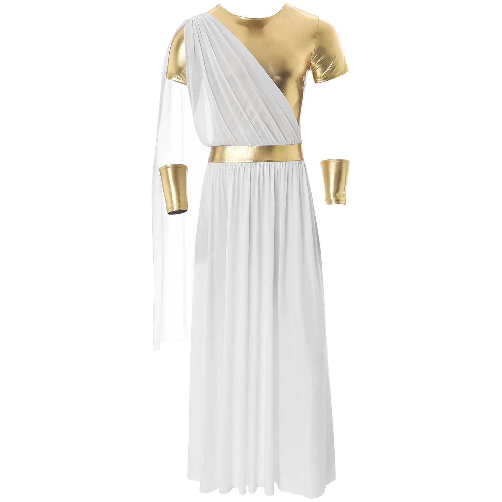 Mens Halloween Ancient Greek Toga with Gloves Short Sleeve Metallic Robe with Wristband Pullover Tunic Cosplay Roman Costumes tales of the greek heroes