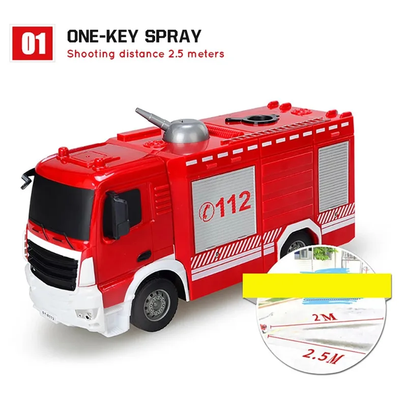 리모컨 물 소방차 워터 제트 차량 시뮬레이션 소방차, 원 키 스프레이, 대형 엔지니어링 장난감, RC 소방차