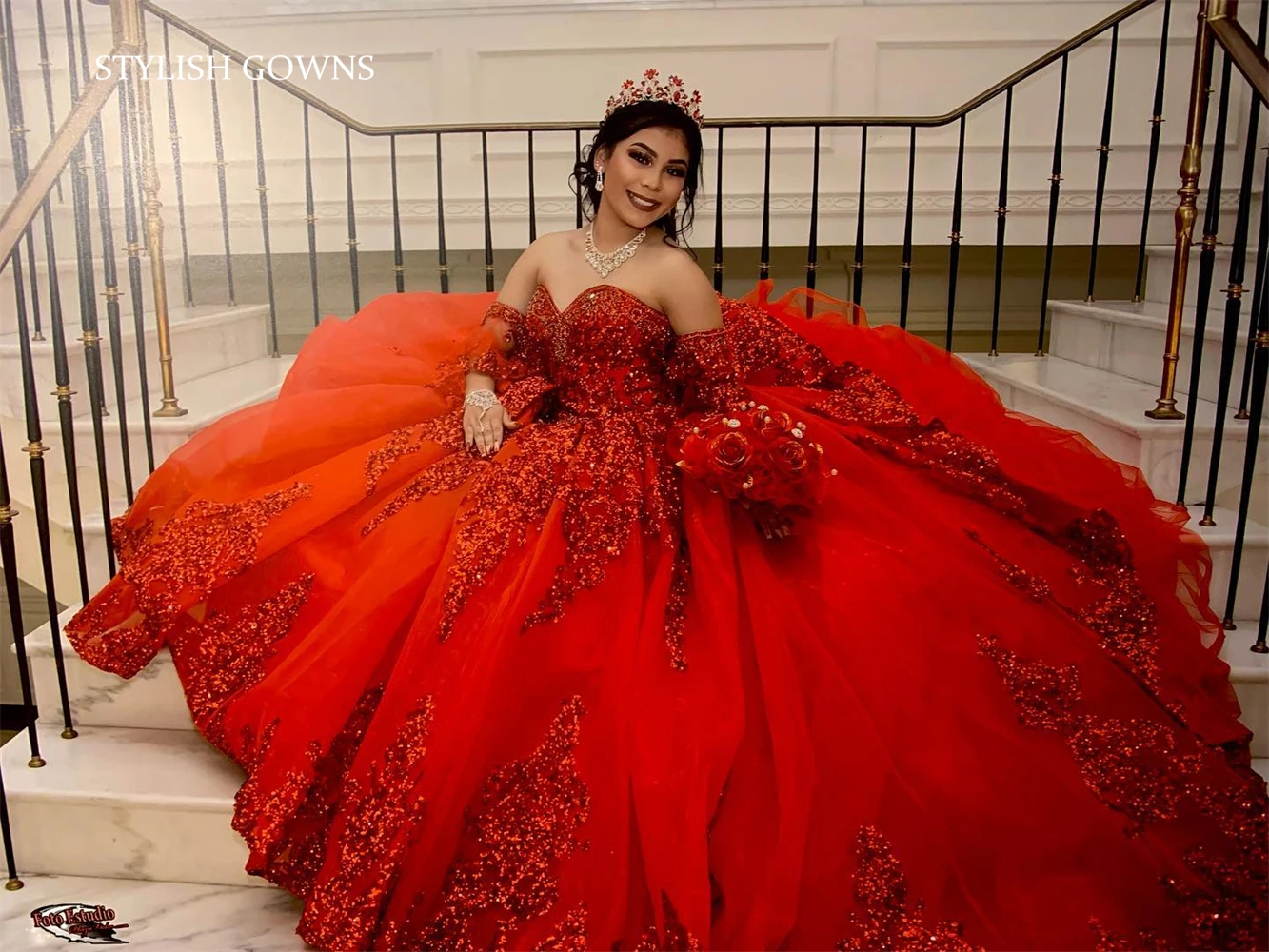 Pretty Red Tulle Sequin  Floral Layered Sweet 16 Dress Formal Princess Quinceanera Dress SP935 main image 1