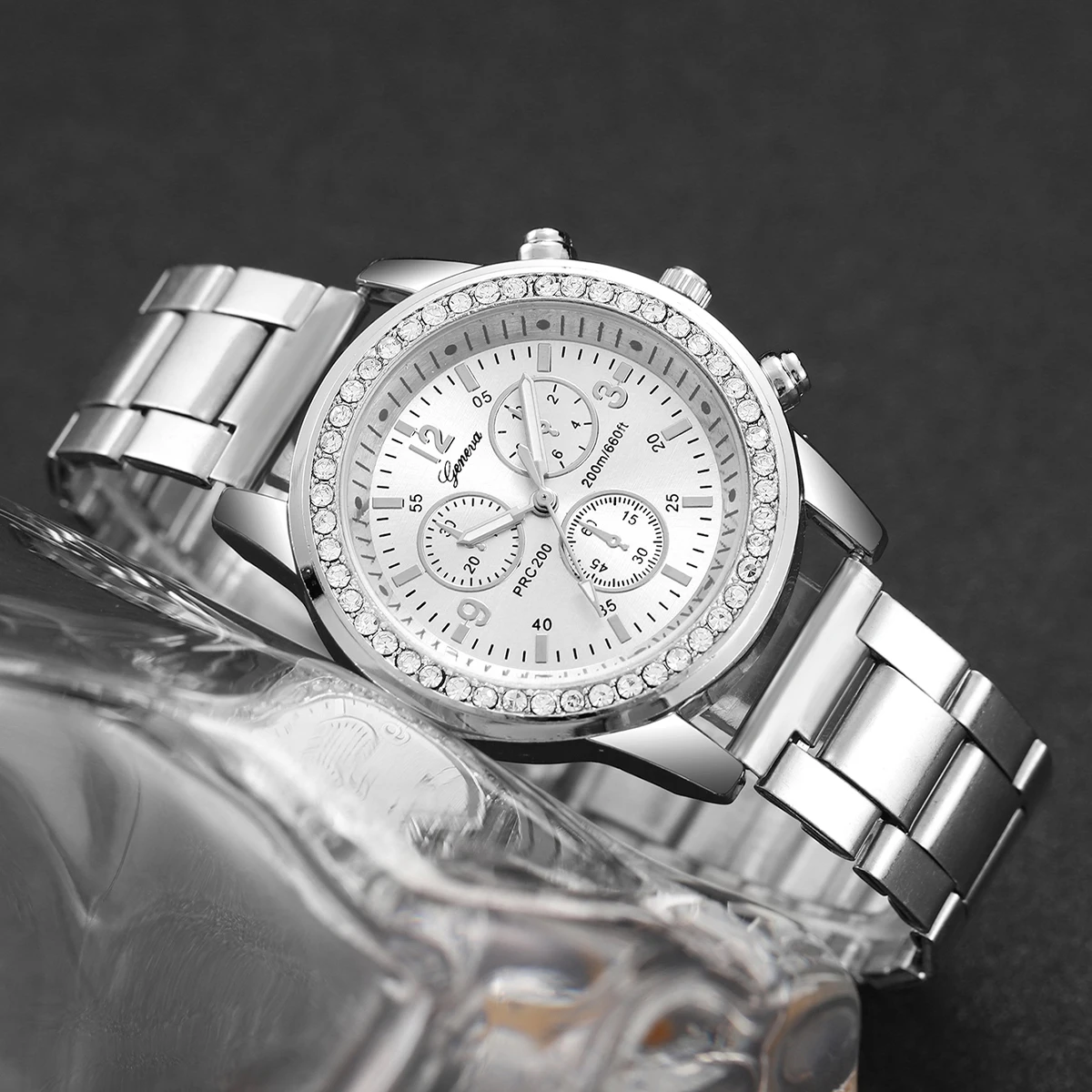 4PCS/Set Fashion Rhinestone Women‘s Watch Stainless Steel Band Quartz Watches Silver Bracelets Set 4