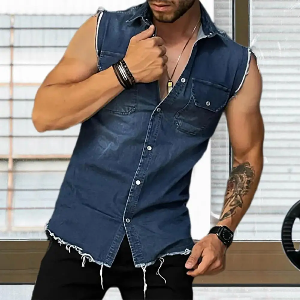 Trendy Vest Coat Sleeveless 3D Cutting Slim Fit Denim Vest Jacket  Shrink Resistant Denim Jacket Daily Clothing