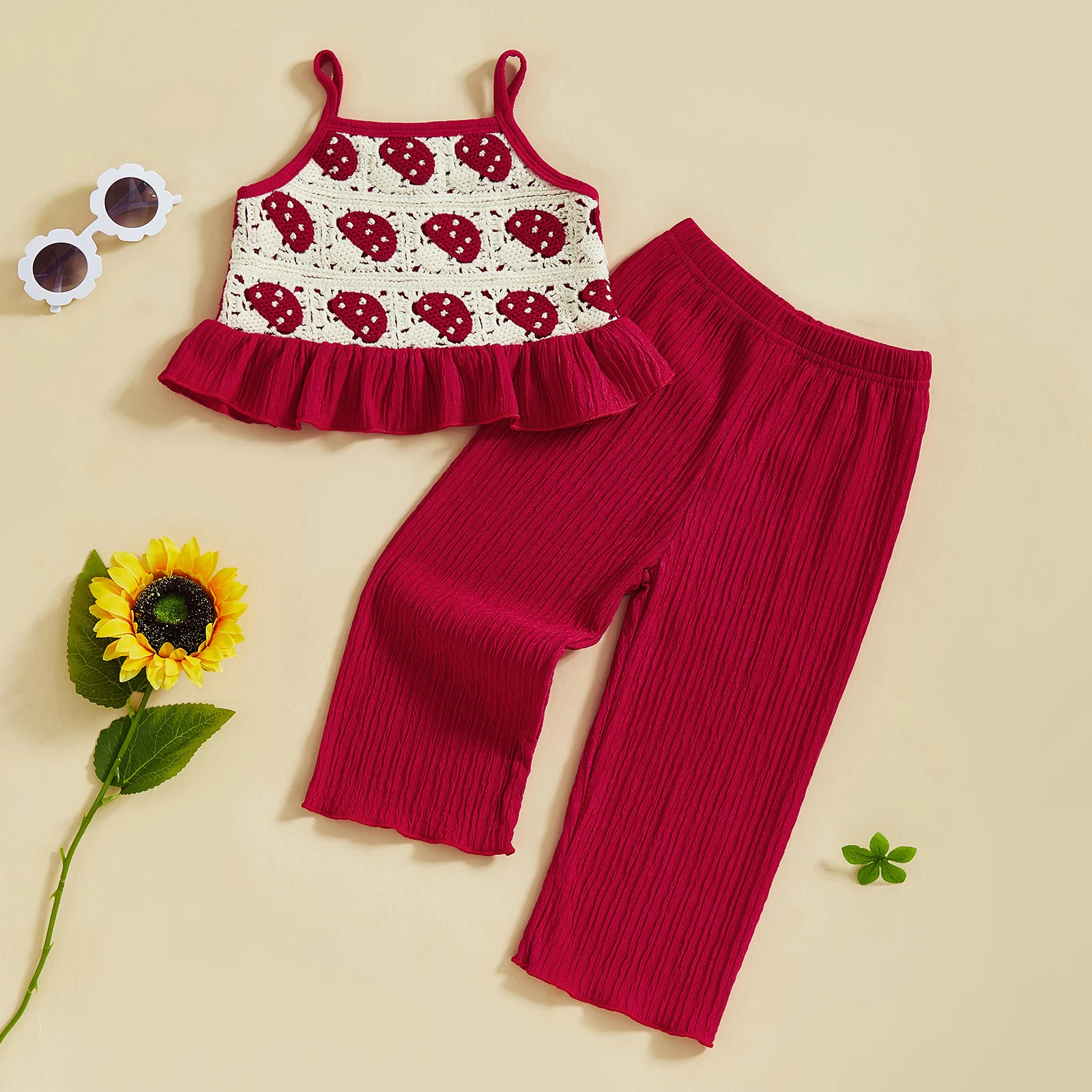 FOCUSNORM 0-4Y Little Kids Girls Clothes Sets Crocheted Flowers/Fruit Embroidery Ruffled Camisole and Elastic Pants