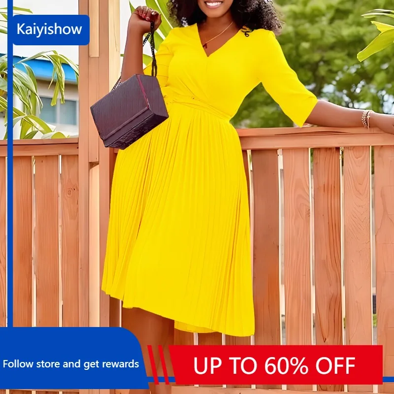 

Autumn Fashion Elegant Pleated Dress African Women OL Solid V-neck High Waist Lace Up Pleated A-line Dress Women
