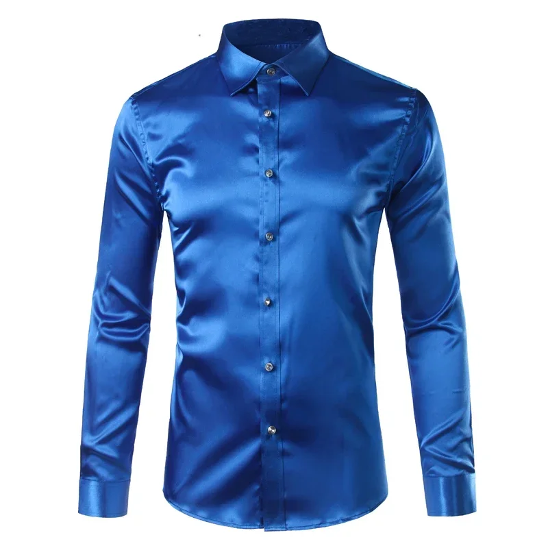 Luxury Shirt Men Silk Satin Smooth Mens Dress Shirts Casual Button Down Suit Shirts Party Ball Wedding Camisa Masculina M-XXXL
