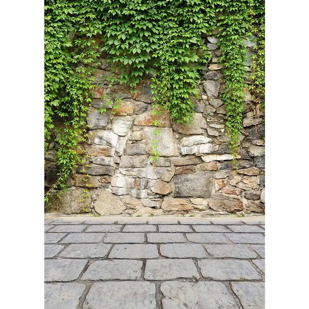 Photographic Backdrop Green Leaves Stone Wall Floor Vinyl Cloth Background for Photo Studio Children Handcraft Toy Photophone