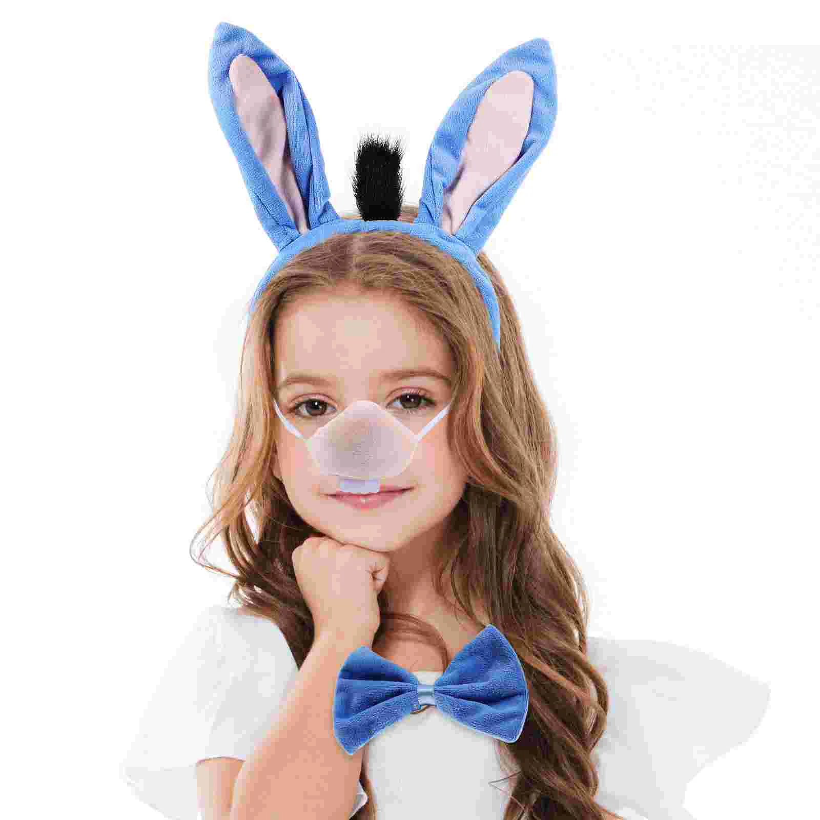 Gray Donkey Ears Headband Kids Costume Halloween Supplies Animal Hair Accessories Donkey Tail Nose Bowtie Set Children Stage