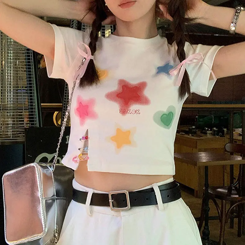 

Japanese Kawaii T-shirt Y2k Aesthetic Star Print Short Sleeve Tshirt E-girl 2000s Crop Top Slim Harajuku Split Fairy Chic Tees