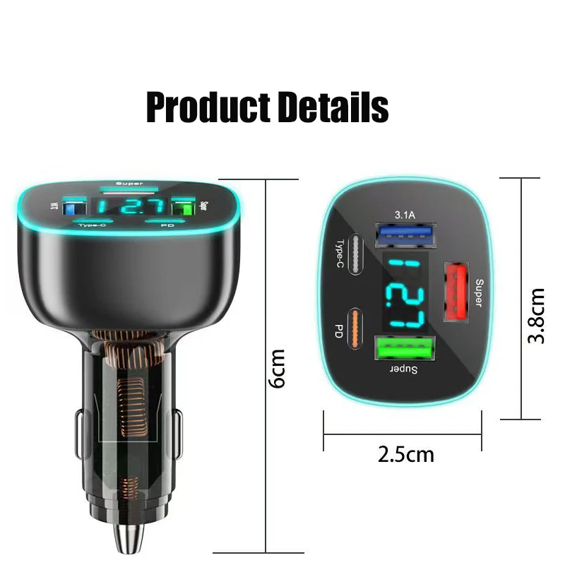 5 in 1 Super Fast USB C Car Charger Adapter PD 30W With Voltage Display for iPhone 16 15 Pro Max 14 iPad Macbook Samsung Oppo