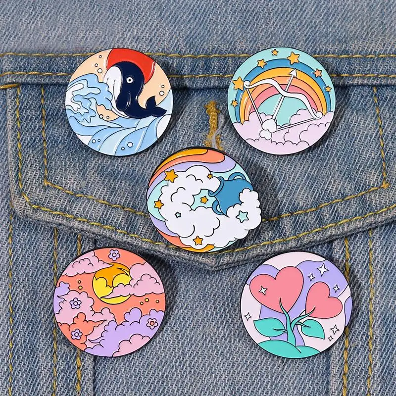 

Nature Oil Painting Enamel Pins Custom Rainbow Sunset Clouds Ocean Whale Flower Brooch Lapel Badge Jewelry Gift for Kids Friends