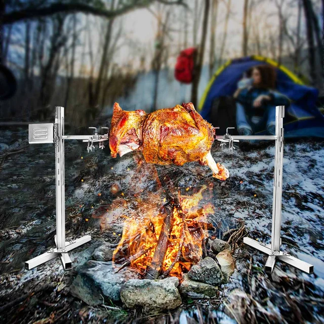 Kit de parrilla para asador de barbacoa, barra de asador eléctrica  automática de acero inoxidable, tenedores de carne, para acampar al aire  libre