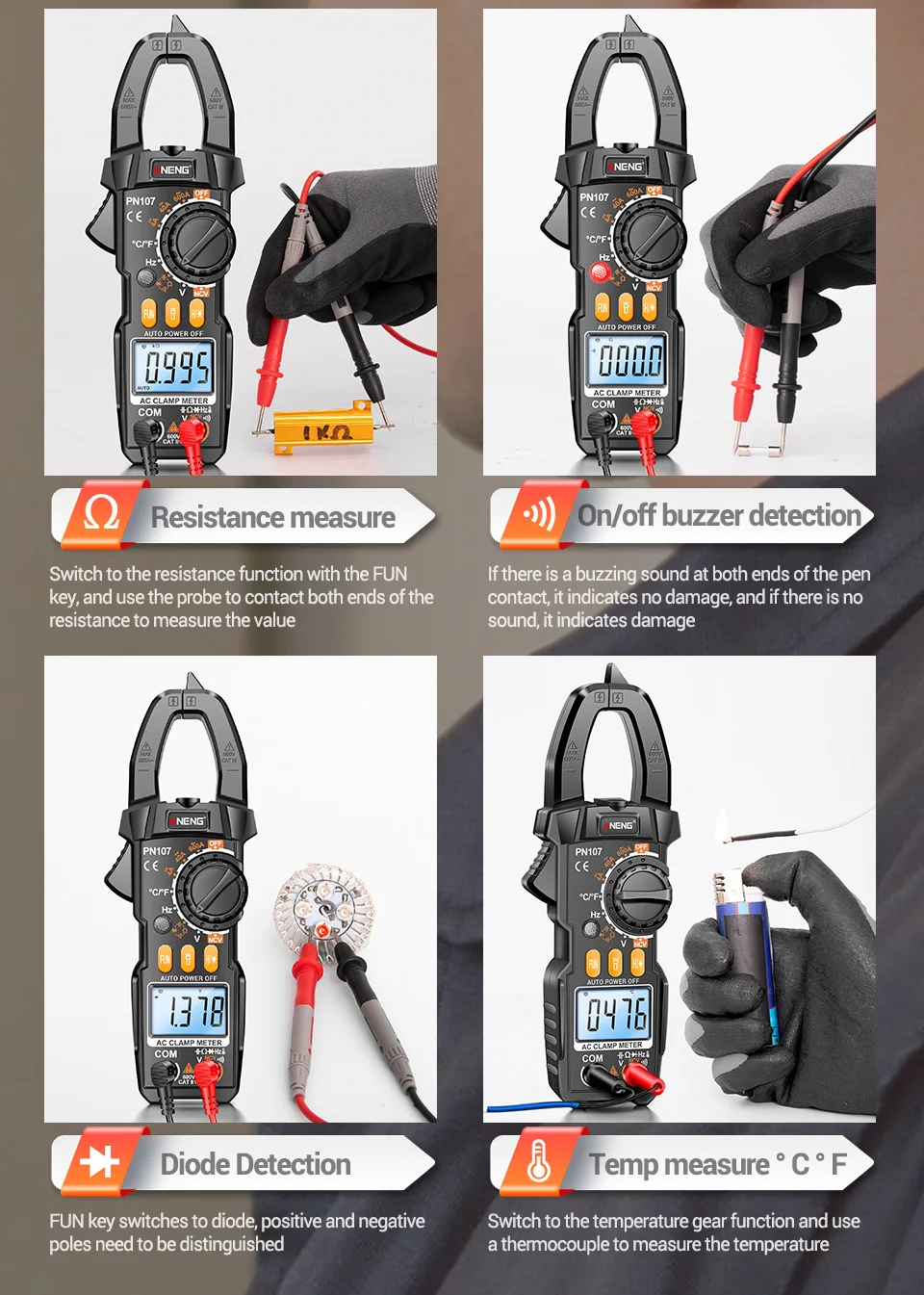ANENG PN107 Zangenamperemeter VC1010 Spannungsprüfer-Set 4000 Anzeigen 200A AC/DC Strom NCV-Erkennung Elektrikerwerkzeuge – Detail 10