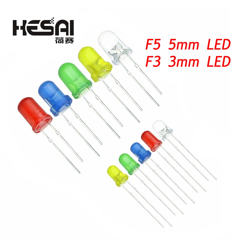 100PCS Round Head Light Emitting Diode LED 3mm 5mm Red Green Yellow Mix Color 