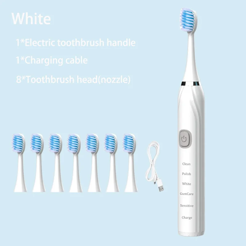 Cepillo de dientes eléctrico sónico con 5 modos, cargador USB, temporizador, cepillo de dientes recargable, limpieza profunda, cabezales de repuesto para adultos