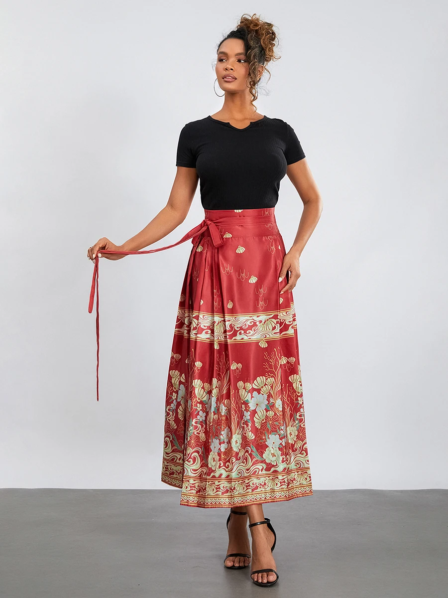 

Women s Horse Face Skirt Elegant Phoenix Character Flower Print Pleated Tie Up A-Line Long Swing Skirt National Clothing