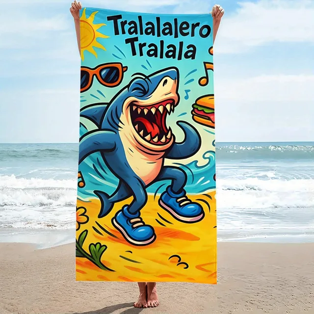 Interesting Tropical Cartoon Shark Tralalero Tralala Printed Beach Towel, Anti Sand Super Absorbent Quick Drying Towel