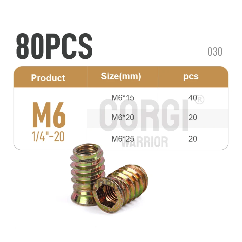 Description Picture 4 of itemThreaded Inserts 40-170 1/4-20 5/16-18 3/8-16 M6 M8 M10 Pieces Wood Insert Nut Steel Assortment Kit for Woodwork Furniture Screw