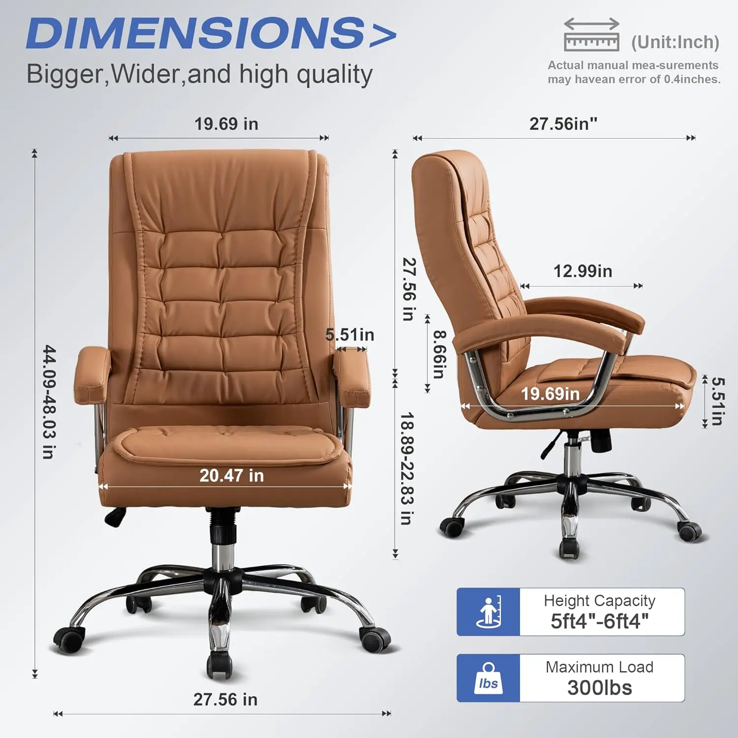 Executive Adjustable Leather Chair High Back Swivel with Padded Armrest 350lbs Load-Bearing Spring Seat Computer Desk Chair