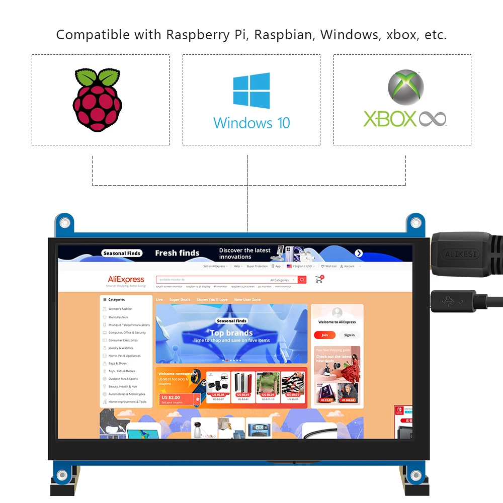 HDMI ޴ ġ , PC   5 ƮϿ TFT ̹ , 1024  600 LCD ÷, 7 ġ, ̽ ȣȯ 