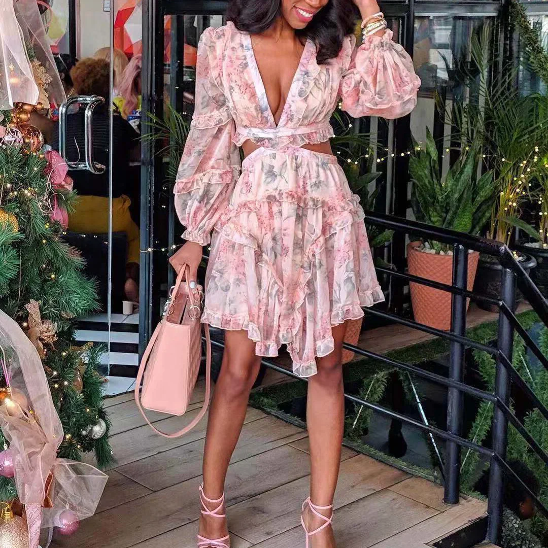 

2021 Spring Long Sleeve V Neck Pink Floral Print Dresses Hollow Out Ruffled Knee Length Chiffon Dress Women Cottagecore Vestidos