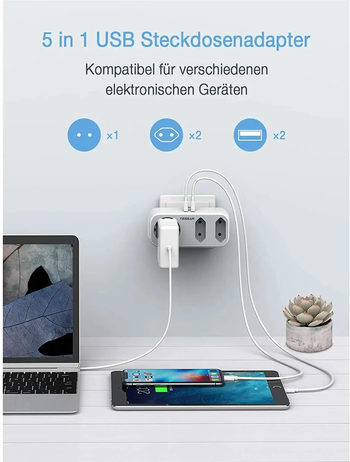 TESSAN EU Plug Wall Socket Extender with 3 AC Outlets +2 USB Ports 5V 2.4A Adapter 5-in-1 Plug Socket with Overload Protection power strip plug adapter electrical socket power socket wall socket extender