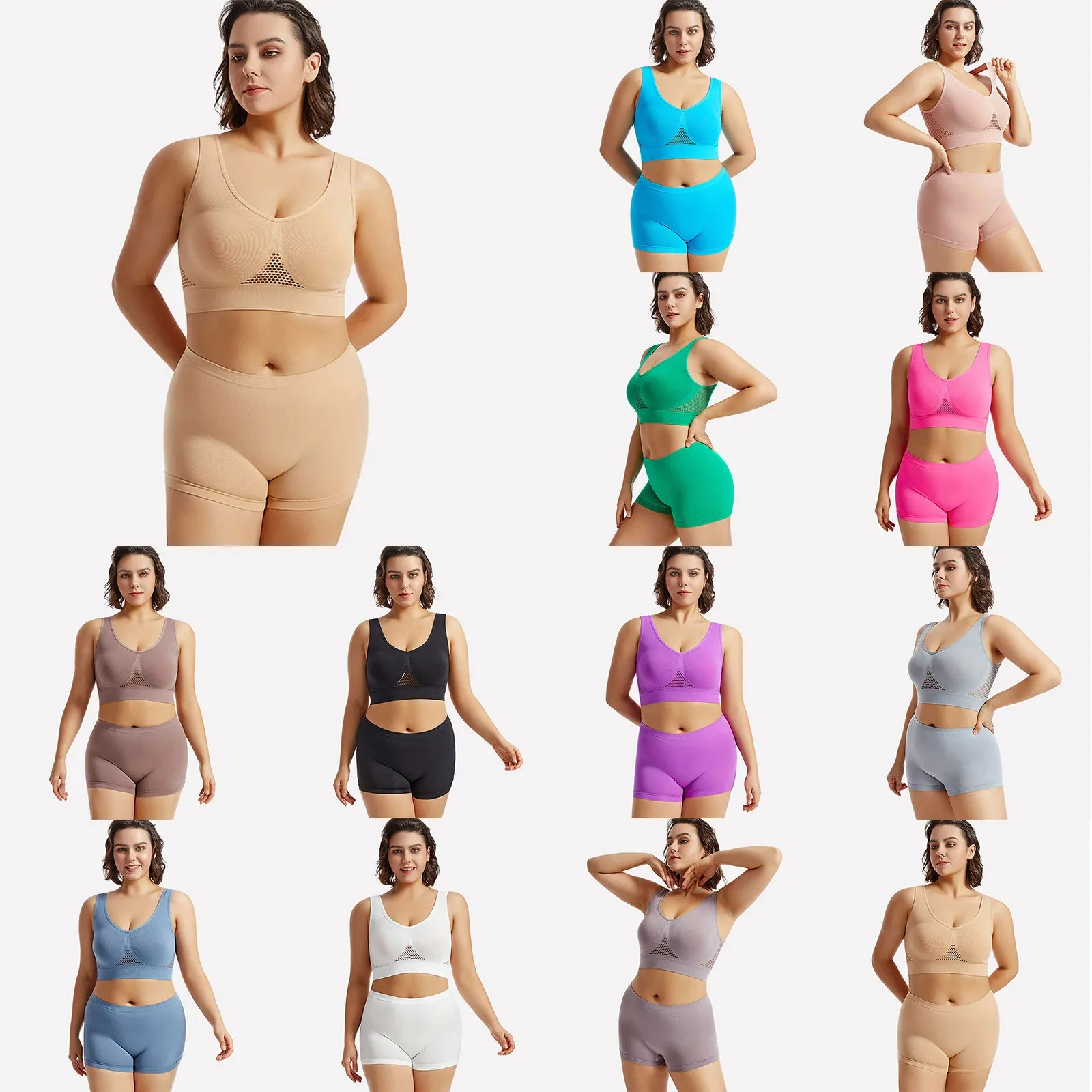 M-5xl Sports Bras And Panty Sets Women Push Up Breathable Women's Tops Hollow Out Unwired Sexy Lingerie Solid Color Brassiere