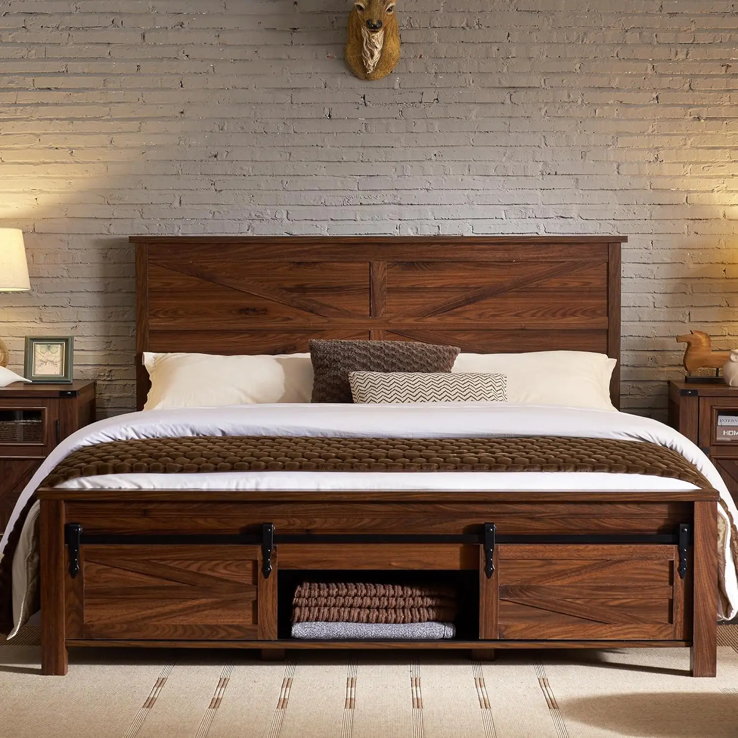 King Farmhouse Wood Bed Frame with Sliding Barn Door Storage Cabinets, Solid Wood Slats Support,  No Box Spring Needed, Brown 3