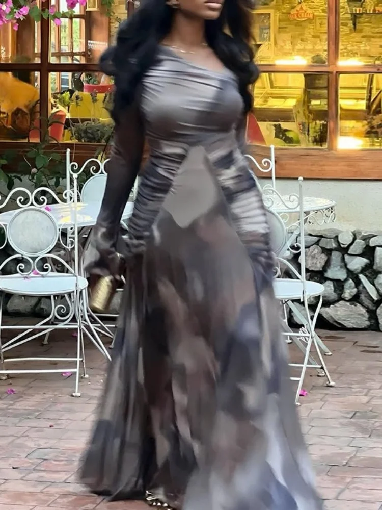 Wmstar Dress Women Wholesale Woman 2025 Summer New Style Elegant Printed Slanted Collar Pleated Slim Slimming Long Dresses