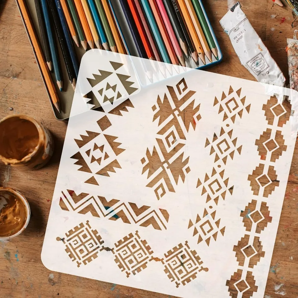 Aztec Tribal Stencil 11.8X11.8 Inch Zuidwestelijke Grenzen Tekenen  Schilderij Stencils Plastic 6 Stijlen Boho Randen Patroon Stencil -  AliExpress, image size:960x960