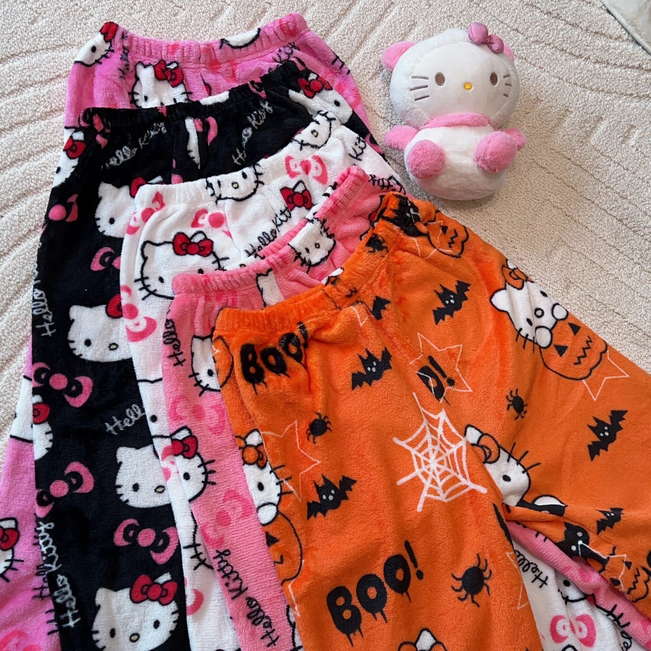 

Sanrio Christmas Hello Kitty Pajamas Pants Halloween Flannel Fashion Trouserswomen Kawaii Woolen Anime Cartoon Casual Home Pant