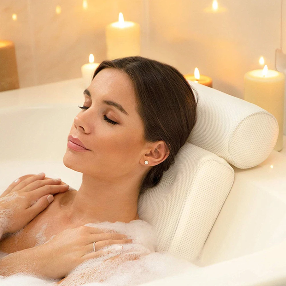 Almohada de baño de malla 3D transpirable con ventosas para el cuello y la espalda, almohada de Spa para el hogar, accesorios de baño para bañera de hidromasaje