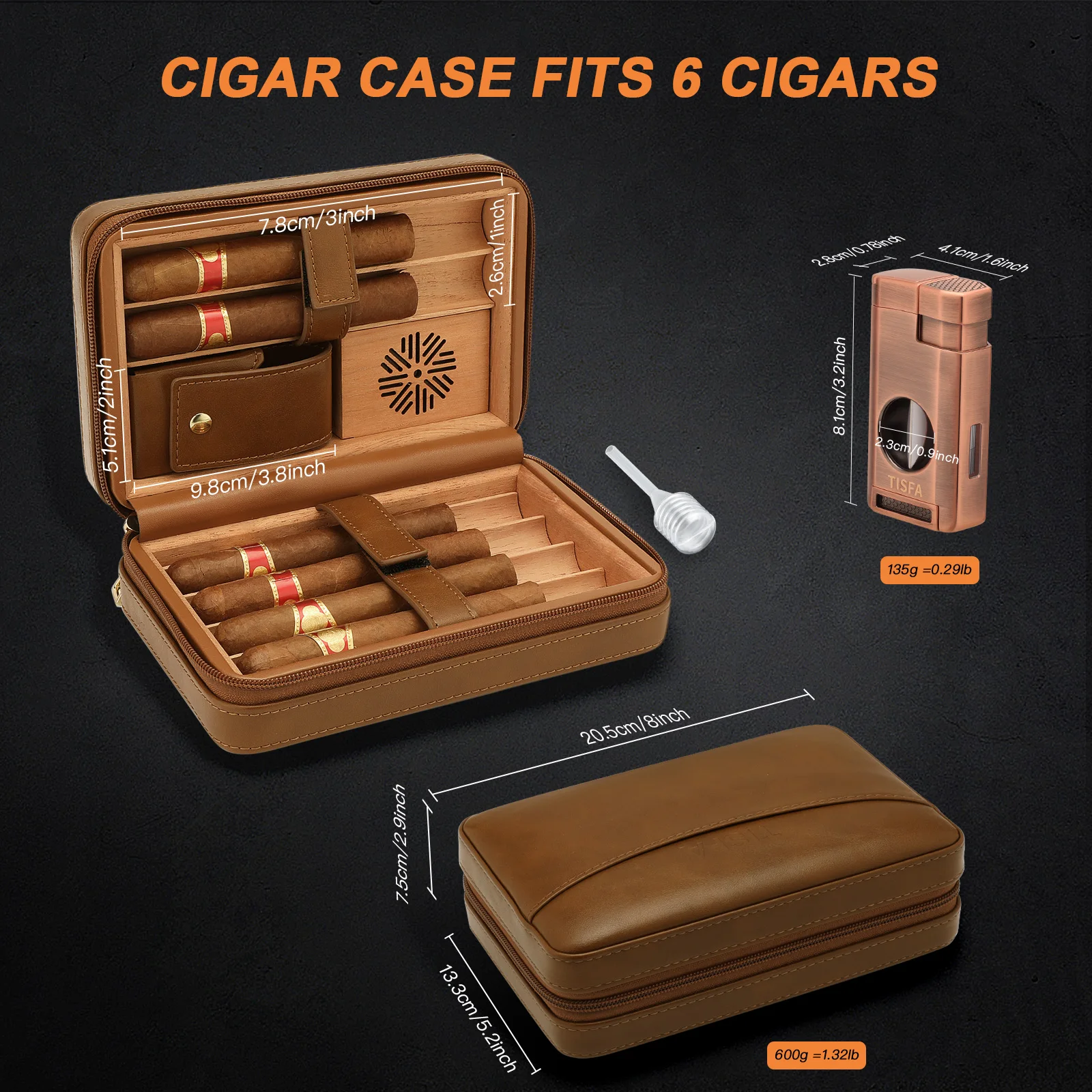 TISFA Cigar Humidor, Leather Cedar Wood Cigar Case with Cigar