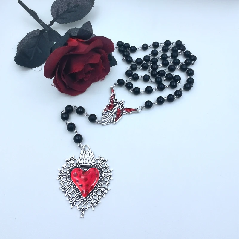 Collana Con Cuore Sacro Collana Con Cuore Di Colore Rosso Gioielli Gotici Ricordo Mori Burning Heart Rosario Girocollo Accessorio Per Strega Regalo