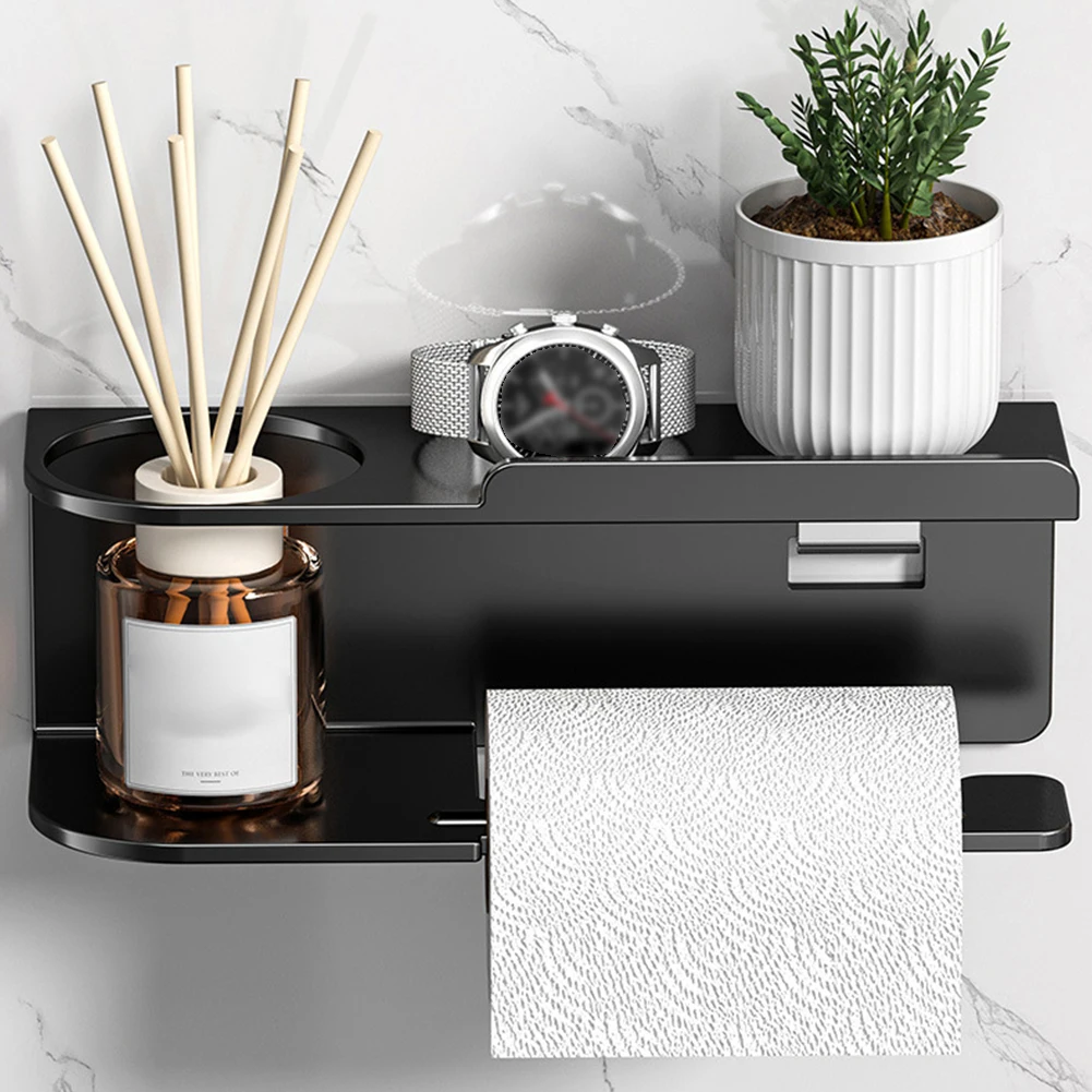 Roll Paper Dispenser Wall Mounted Paper Towel Stand Punch-Free Metal Paper Holder Rack Multifunctional for Bathroom Washroom