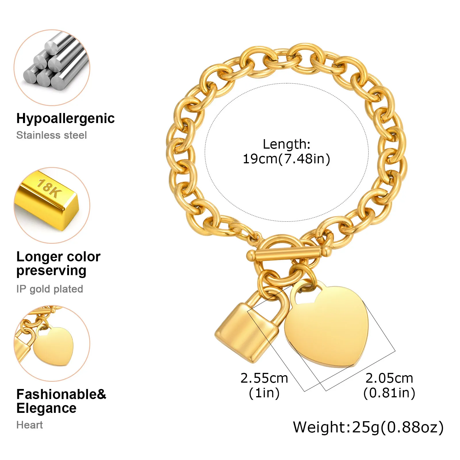 Prjewel Urious herzförmiges Schloss-Damenarmband aus Edelstahl, dicke K-Kettenarmbänder, Modeschmuck für Muttertagsgeschenk – Detail 5