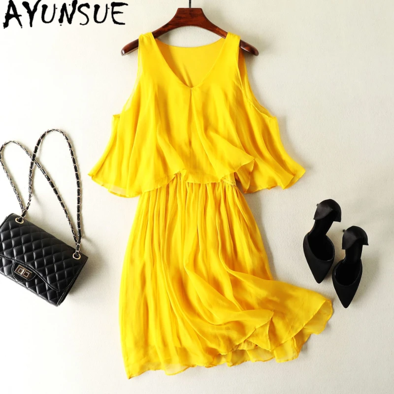 

Summer 100% Mulberry Silk Dress for Women's Clothing Sweet Beach Outfits for Women Midi Dress Short Pleated Dresses Robe Femmes