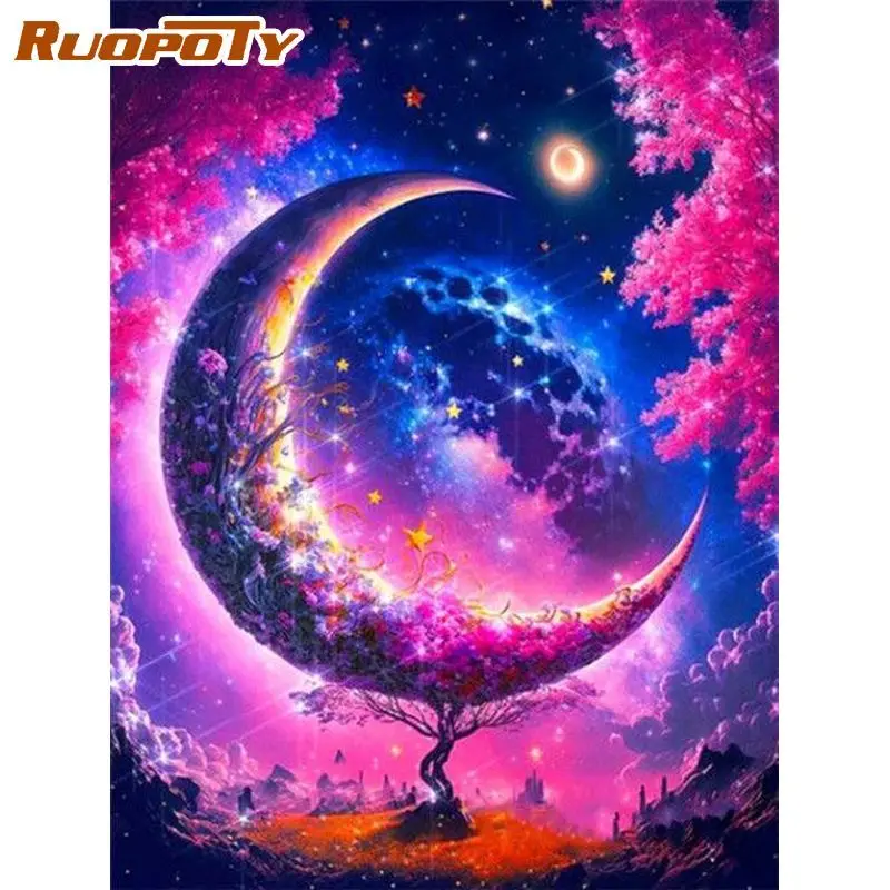 

RUOPOTY Diy Painting By Numbers With Frame Moon Tree Dreamy Acrylic Paint On Canvas Landscape Picture By Numbers For Diy Gift